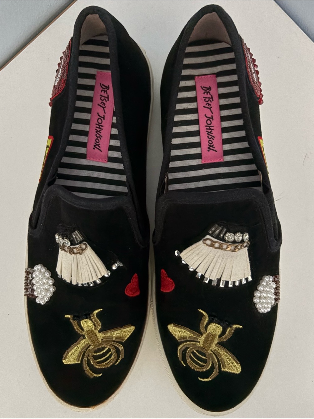 Betsey Johnson Black Slip-On Embellished Sneakers with Gold Bee & Red Heart Lips
